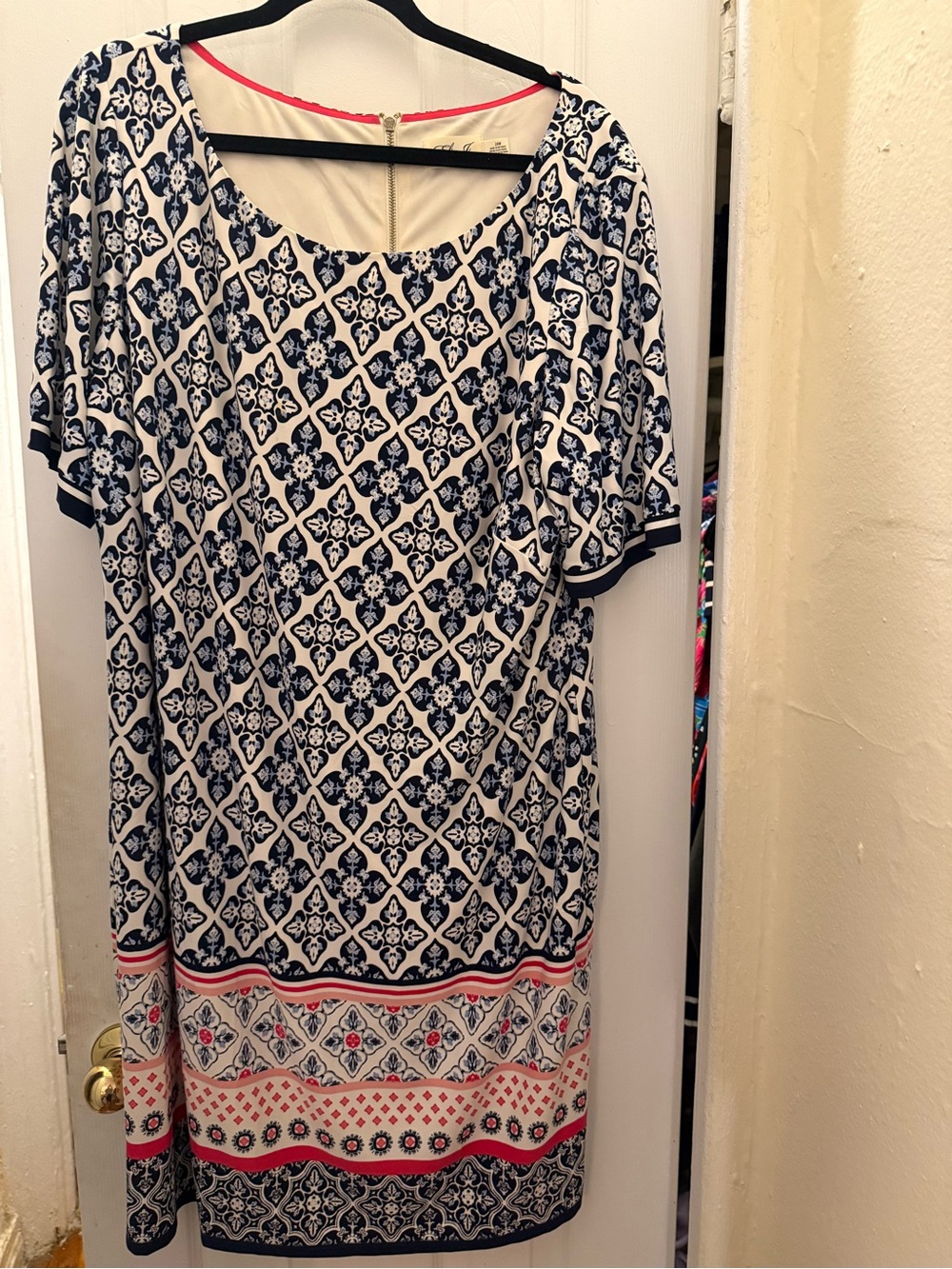 Eliza J Navy, White & Coral Patterned Midi Shift Dress